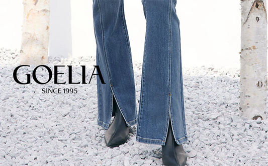 a lady in blue flared jeans