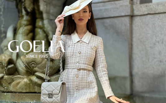 a lady in a tweed patchwork lapel shirt dress