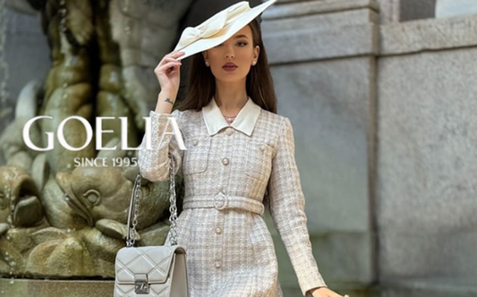 a lady in a plaid tweed short dress