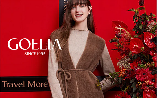 a lady in beige knitted dress with camel vest