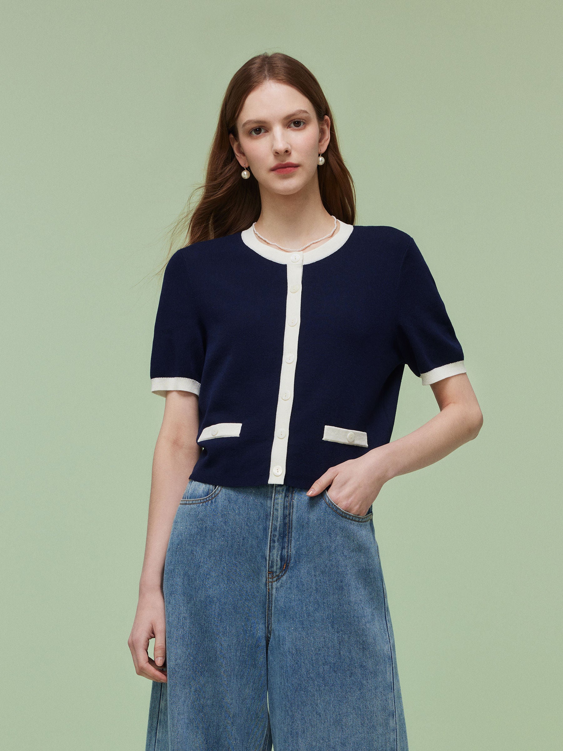 Lyocell Blend Contrast Trim Women Cardigan GOELIA