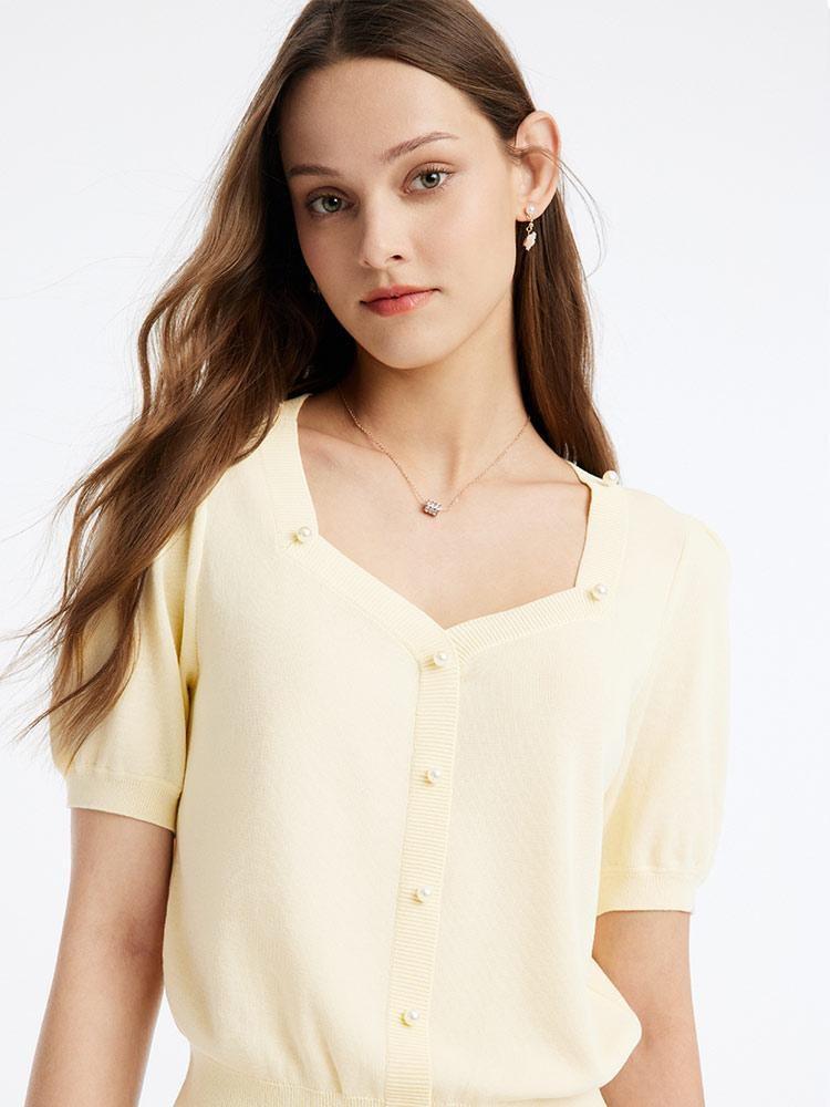 White Mulberry Silk Single-Breasted Knit Top GOELIA