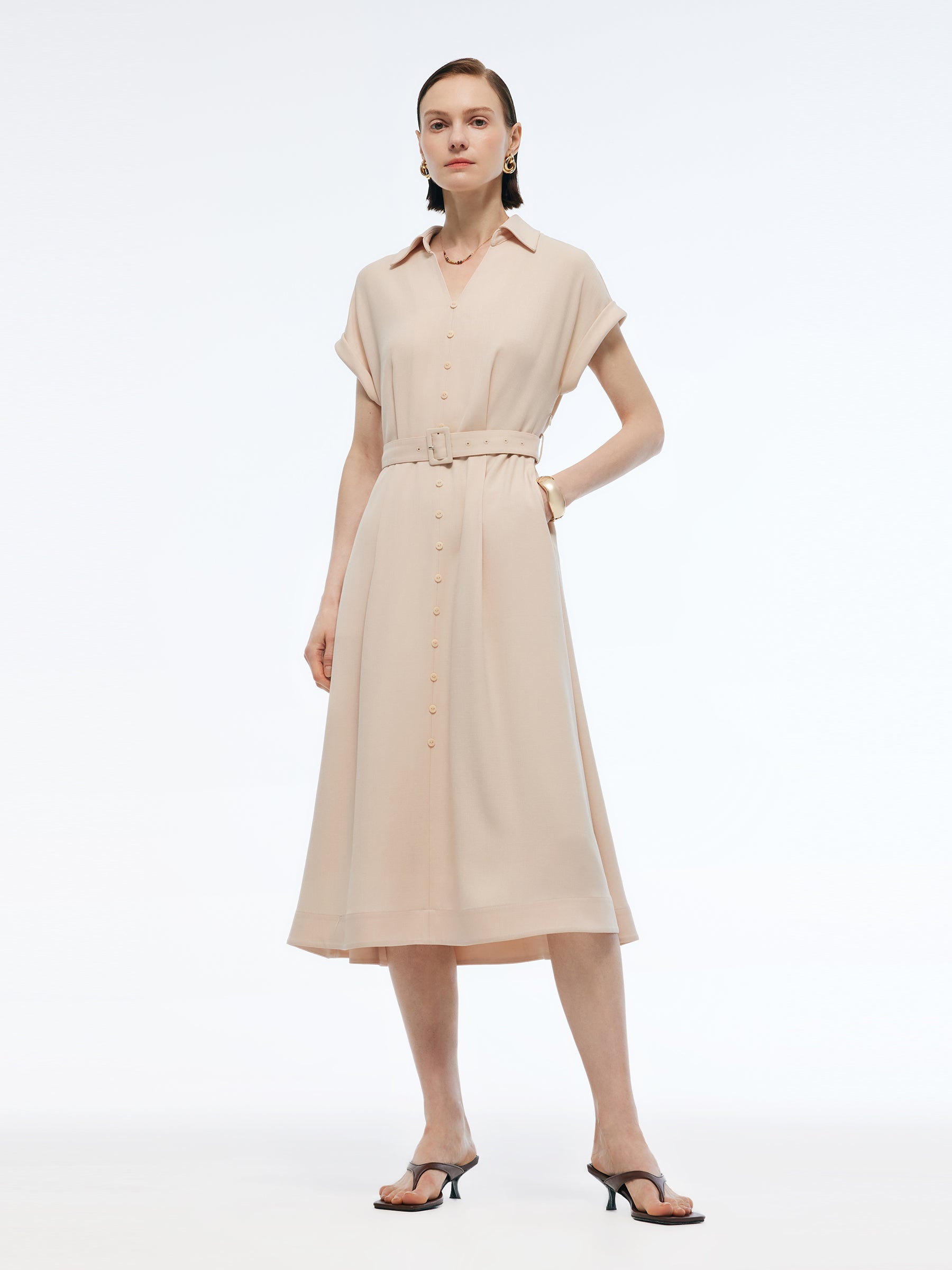 100% Acetate V-Neck Women Maxi Dress With Belt GOELIA