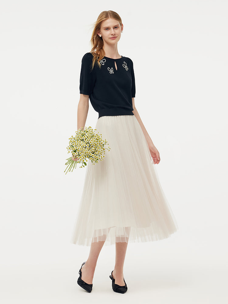 Tencel Knit Top And A-Line Mesh Skirt Two-Piece Set GOELIA