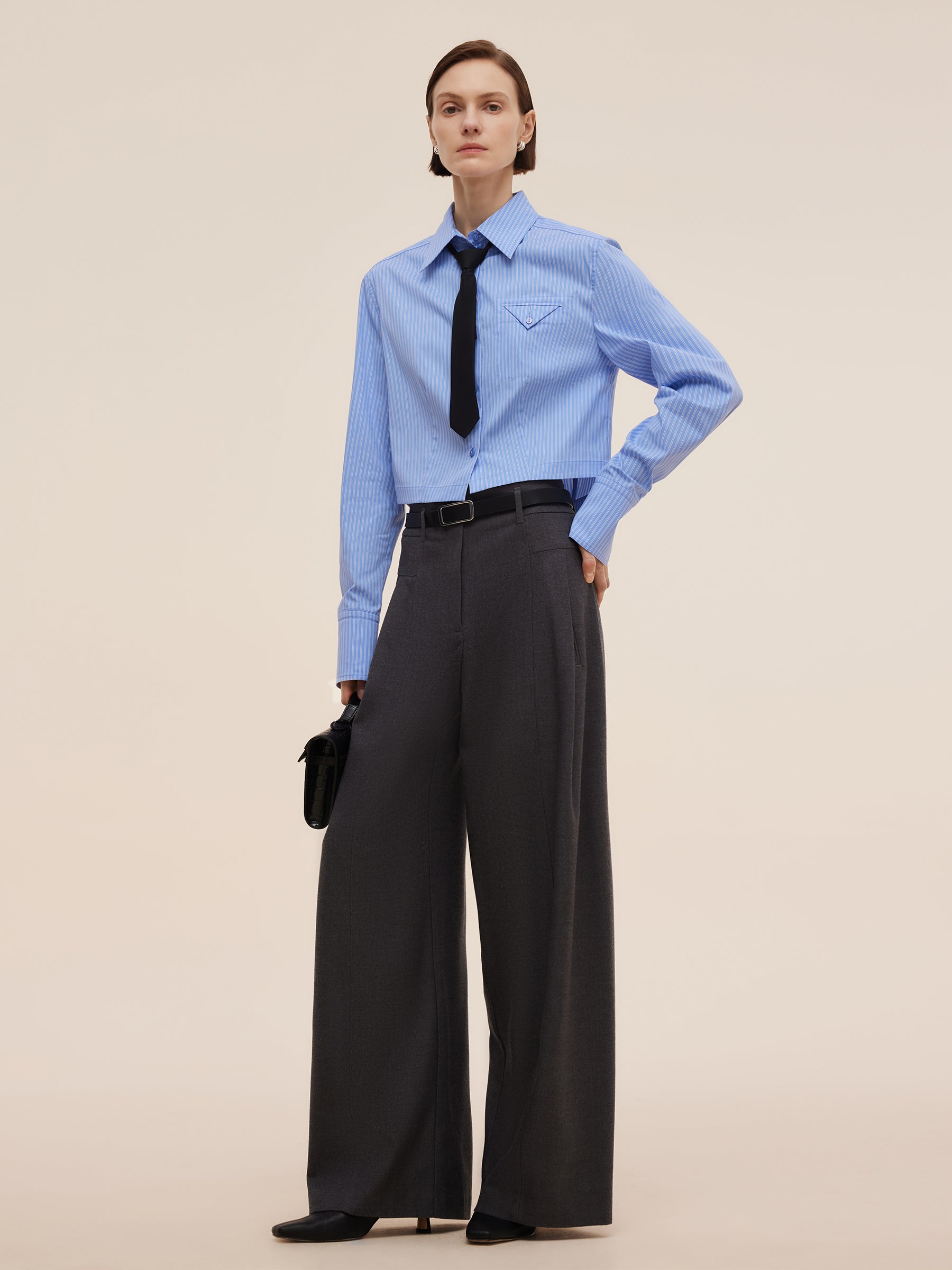 Wool Blend Women High Waisted Wide Leg Pants GOELIA