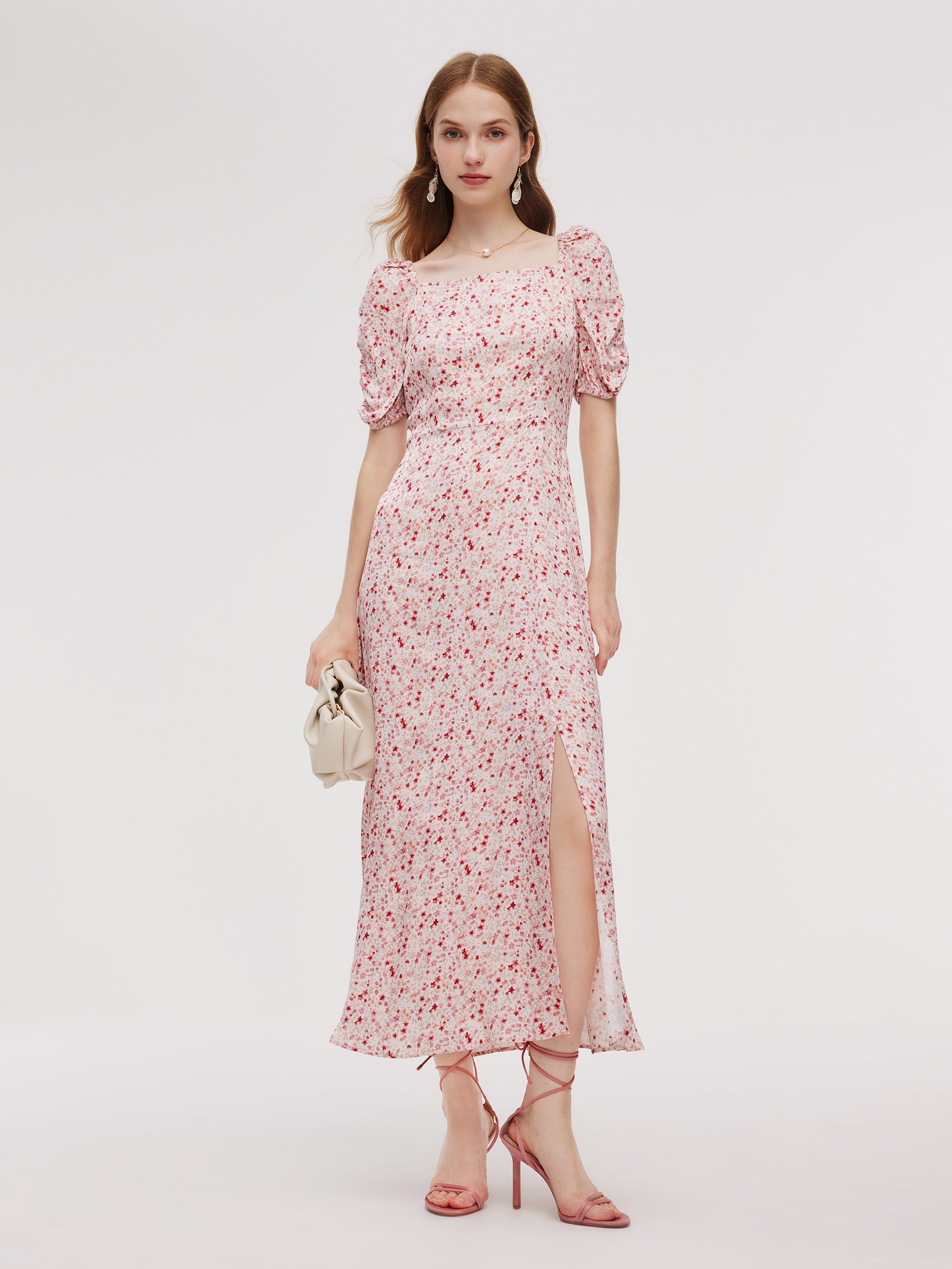Floral Print Side Slit Women Ruched Sleeve Maxi Dress GOELIA