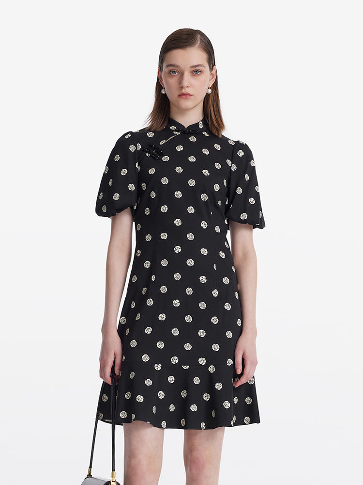 Rose Printed Puff Sleeves Women Qipao Mini Dress GOELIA