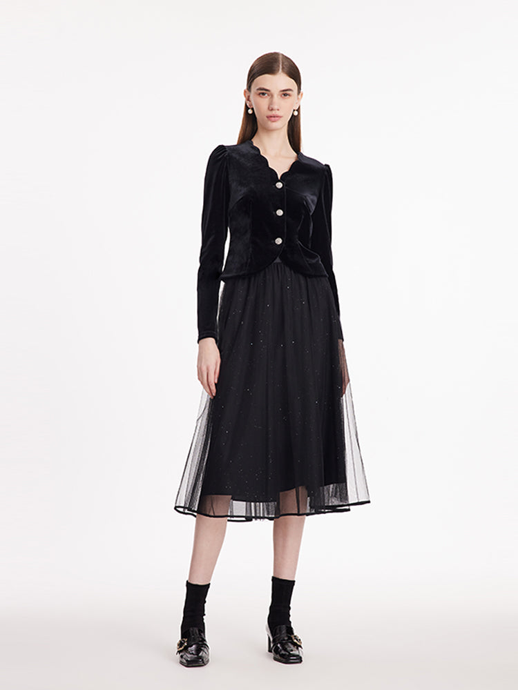 Wave Cut V-Neck Velvet Top And Tulle Skirt Two-Piece Set GOELIA