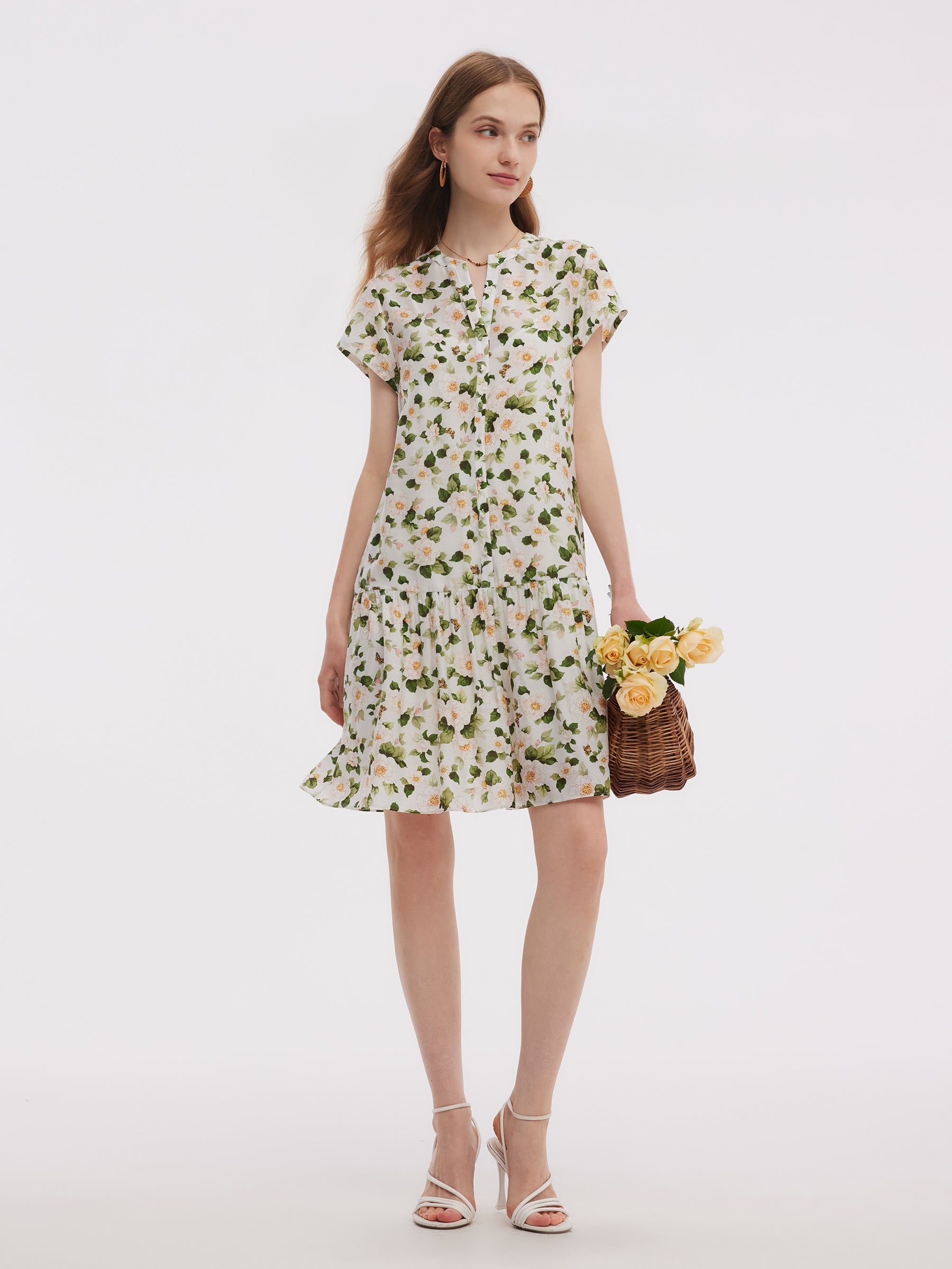 Acetate Blend Floral Print Ruffle Hem Women Mini Dress With Slip Dress GOELIA