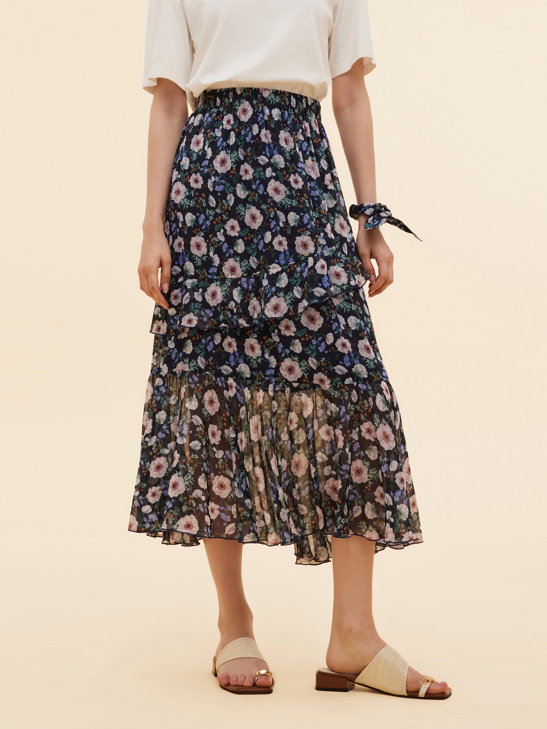 10MM Mulberry Silk Floral Print Women Tiered Skirt GOELIA