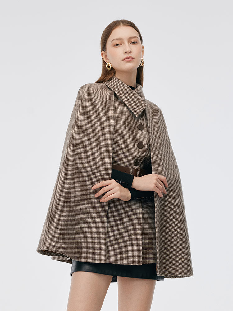 100% Washable Wool Beige Check Cape And Vest Two-Piece With Belt GOELIA