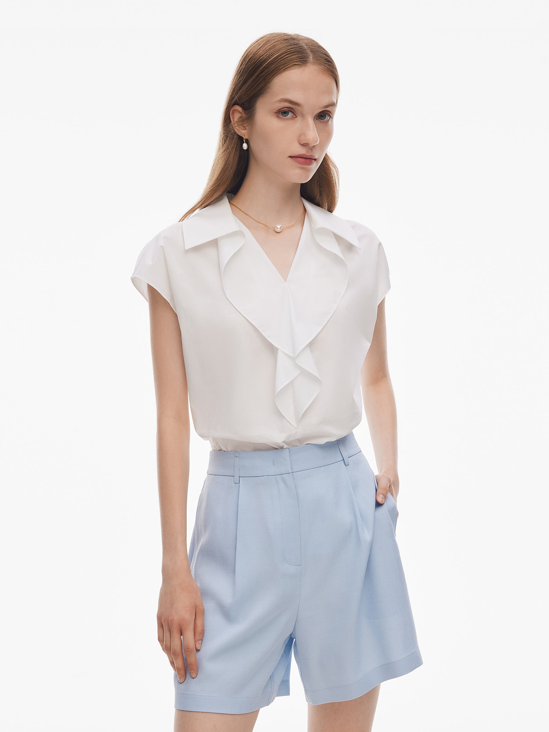100% Cotton Ruffle Trim Women Blouse GOELIA