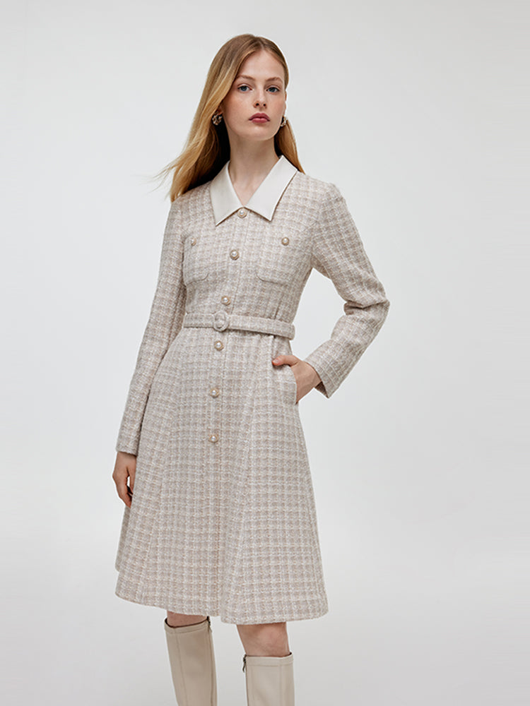 Wool Blend Tweed Patchwork Lapel Women Midi Dress With Belt – GOELIA