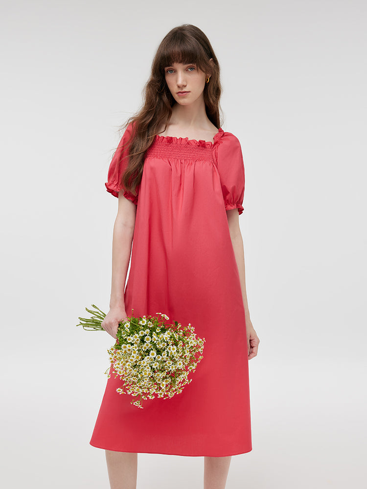 Square Neck Puff Sleeves Women Midi Dress GOELIA