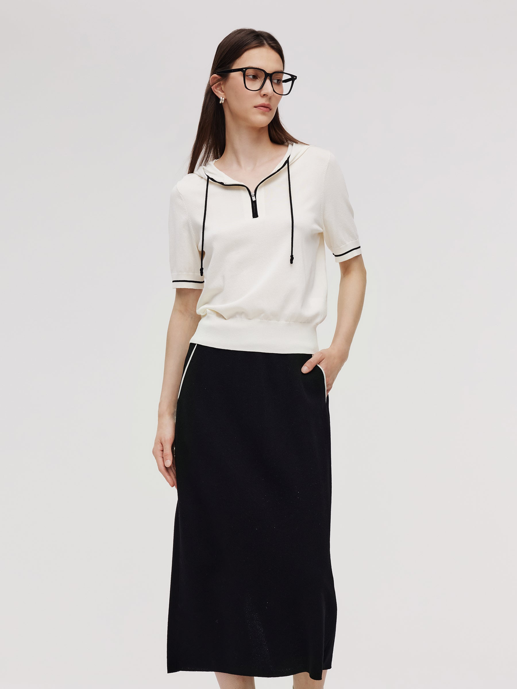 Tencel Blend Half Zip Short Sleeve Knit Hoodie And Skirt Two-Piece Set GOELIA