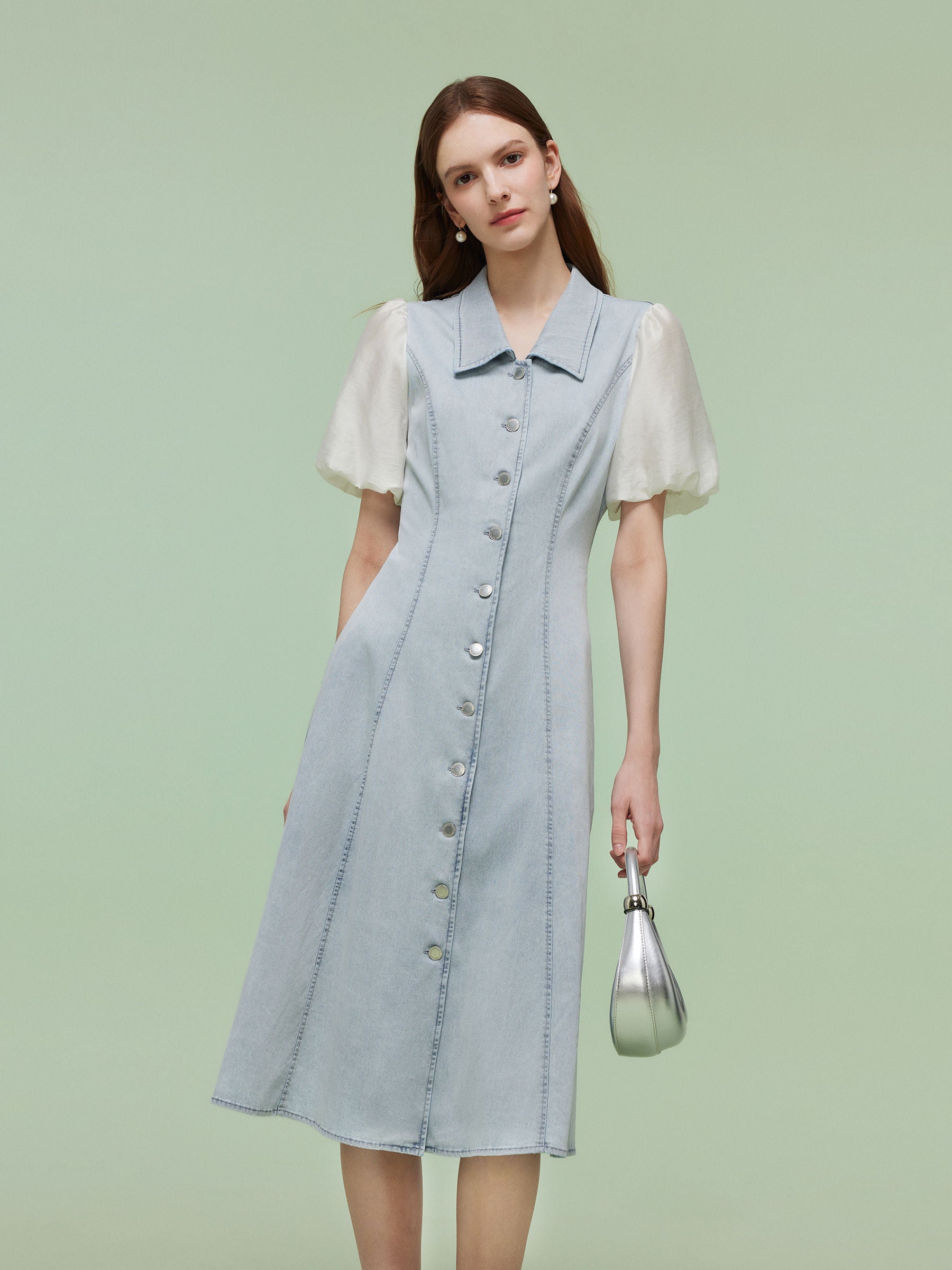 Denim Patchwork Women Puff-sleeved Midi Dress GOELIA