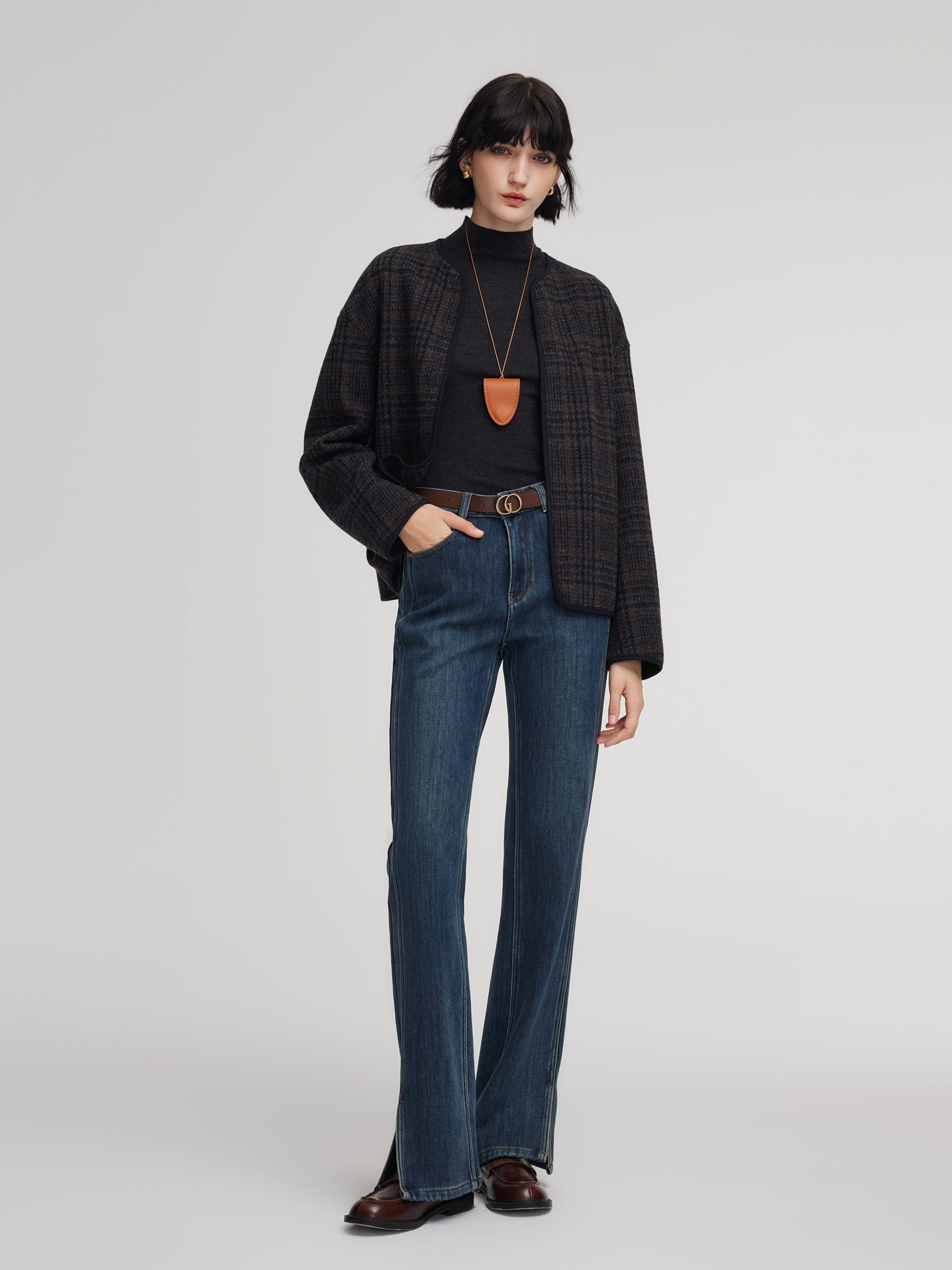 100% Wool Plaid Round Neck Women Jacket GOELIA