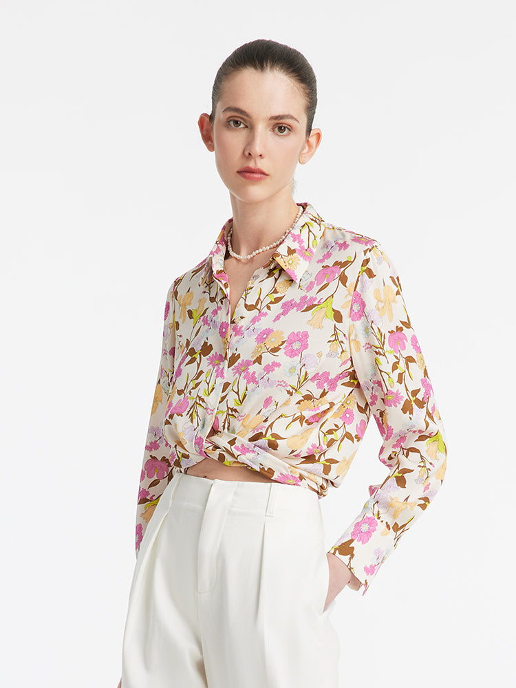 19 Momme Mulberry Silk Floral Printed Women Shirt GOELIA