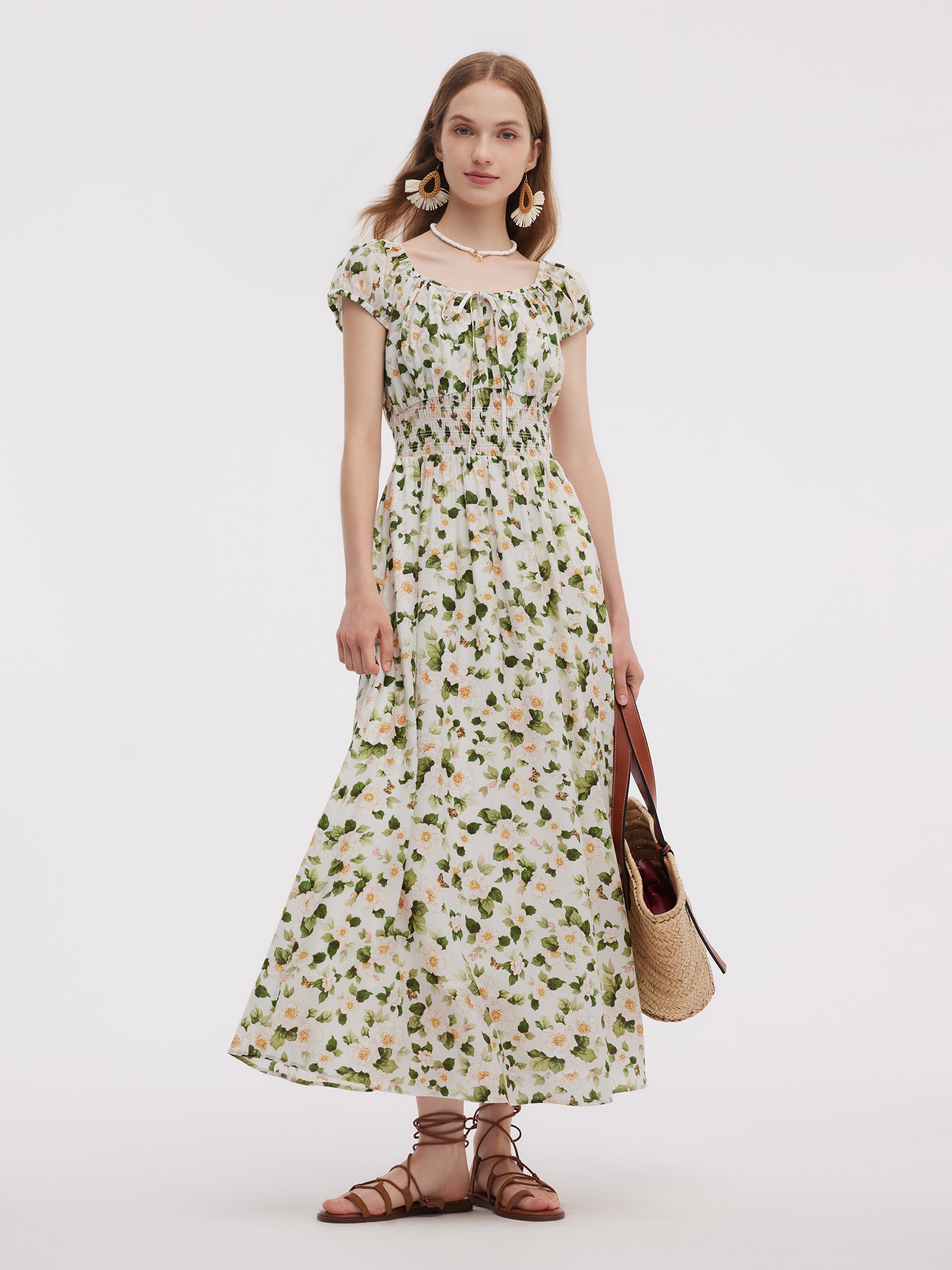 Acetate Blend Floral Print Adjustable Drawstring Neckline Women Maxi Dress GOELIA