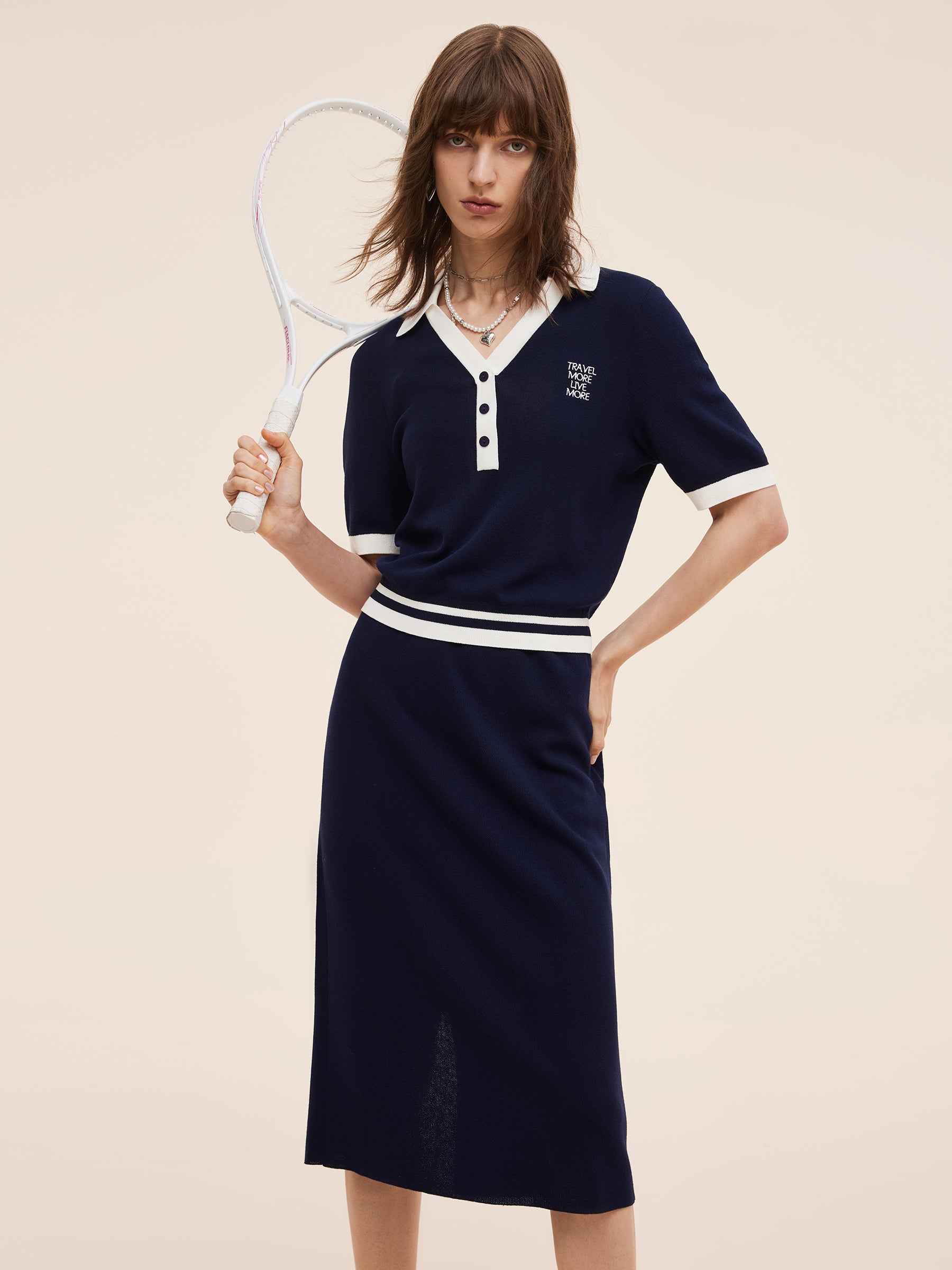 Tencel Blend Contrast Trim Knit Top And Skirt Two-Piece Set GOELIA