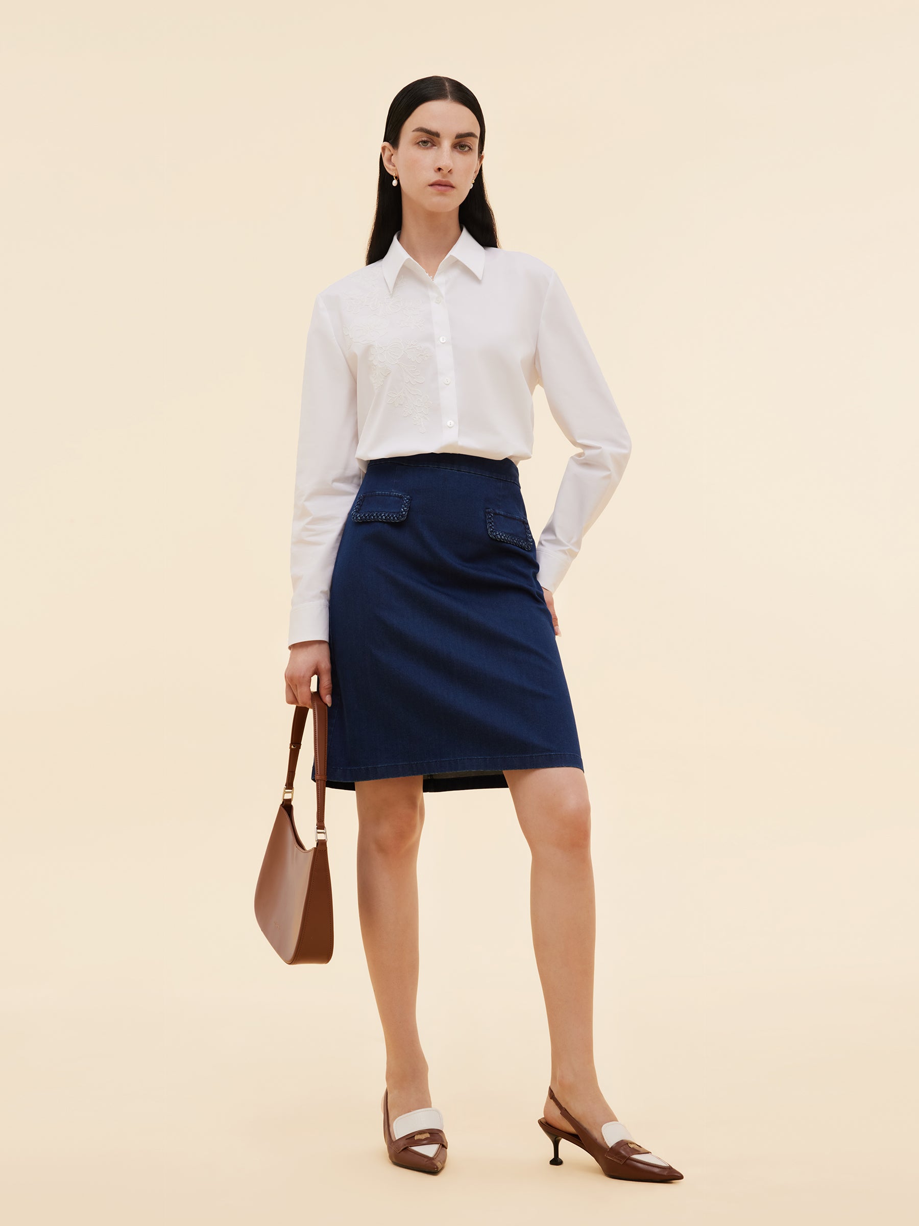 Denim Handwoven Trim Women A-Line Skirt GOELIA