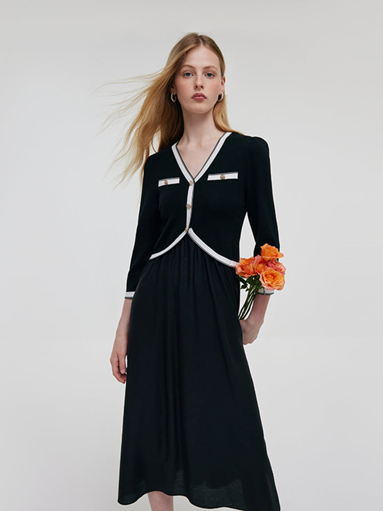 Contrast Trim Knitted Patchwork Women Midi Dress GOELIA