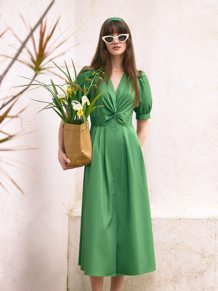 V-Neck Knotted Women Midi Dress GOELIA