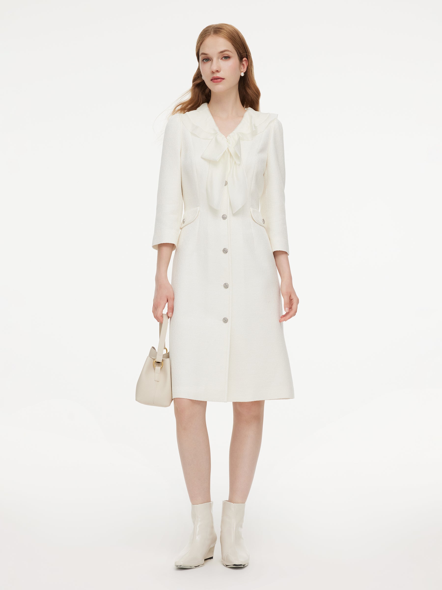 Wool Blend Tweed 3/4 Sleeve Women Midi Dress With Detachable Ruffle Collar, Off White / M