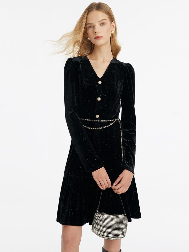 Velvet V-Neck Women Dress With Chain Belt GOELIA