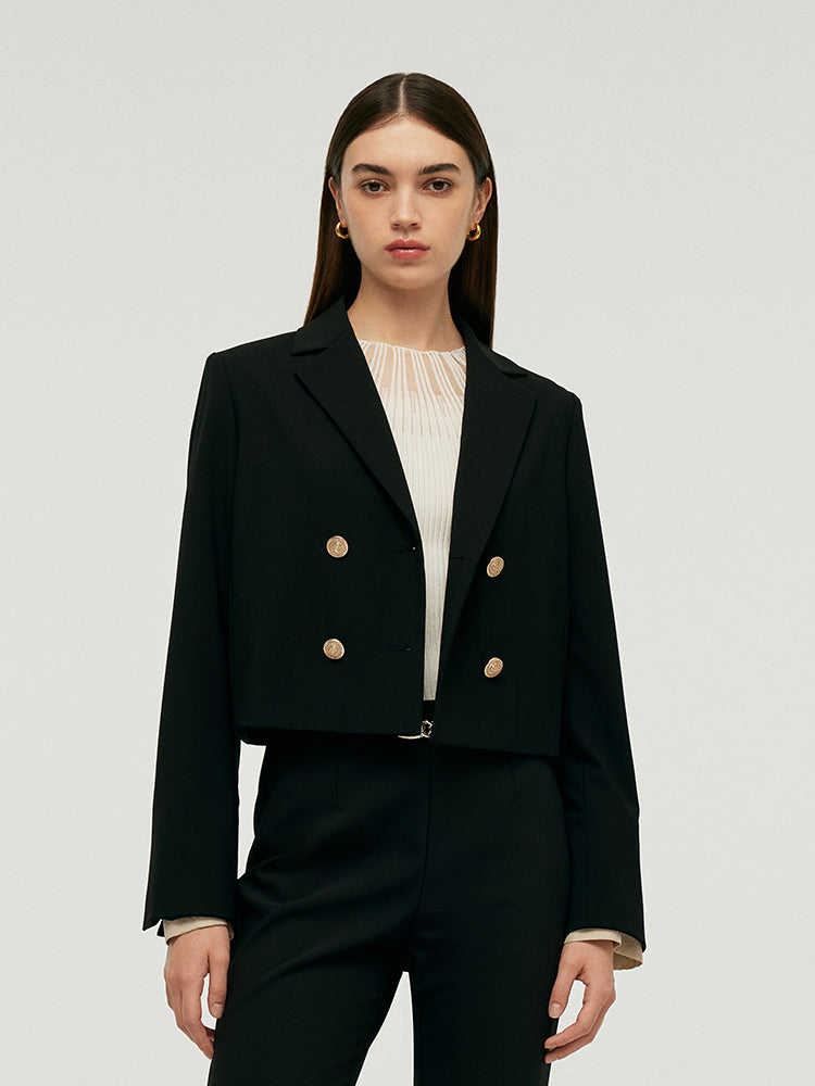 Worsted Woolen Crop Blazer With Detachable Sleeve GOELIA