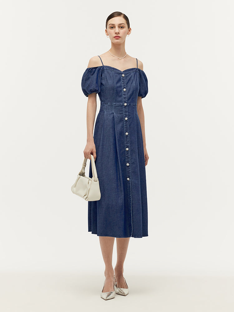 Lyocell Denim Gathered Waist Stretch Women Midi Dress GOELIA