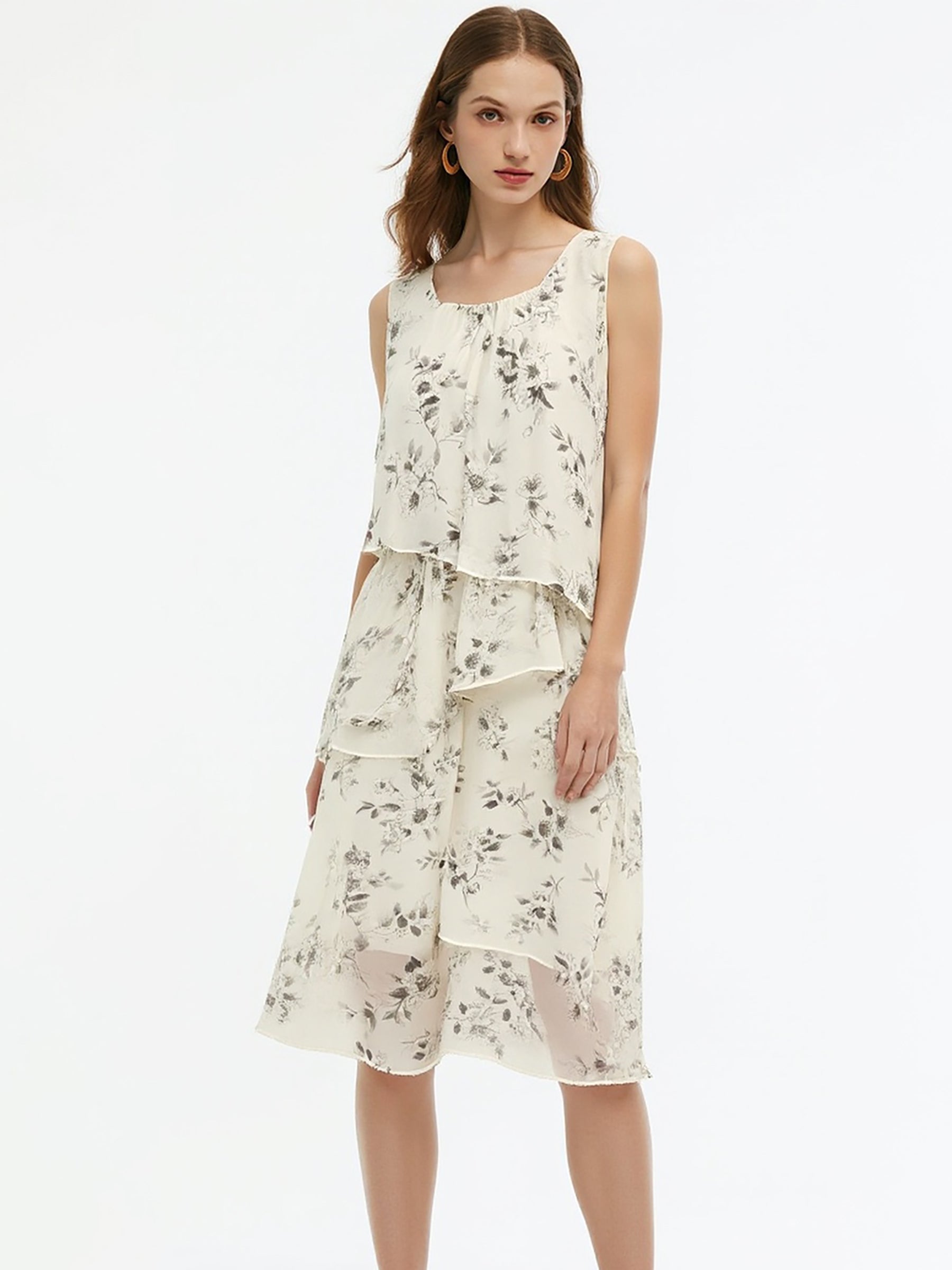 Floral Print Ruffle Women Tiered Sleeveless Midi Dress GOELIA