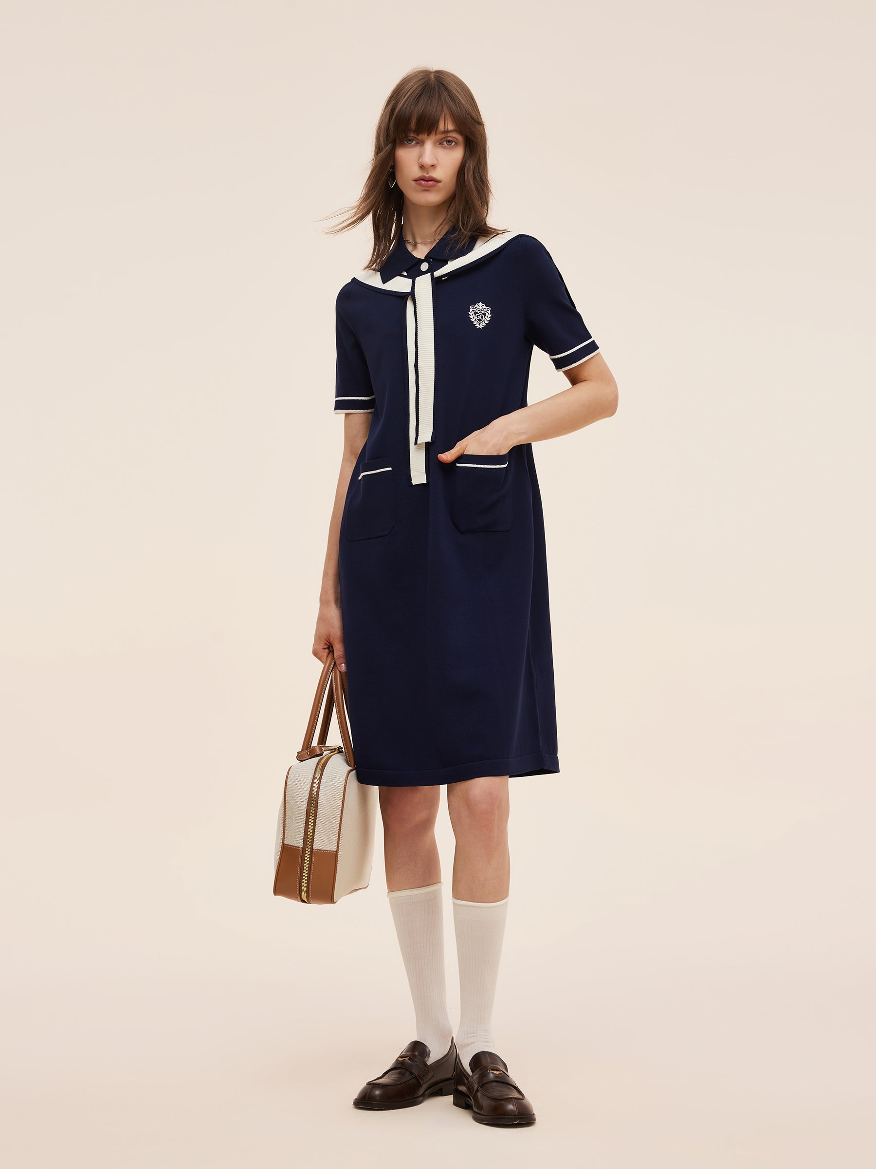 Tencel Blend Women Knit Mini Dress With Detachable Sailor Collar GOELIA