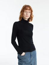 a lady in a black washable wool sheath sweater