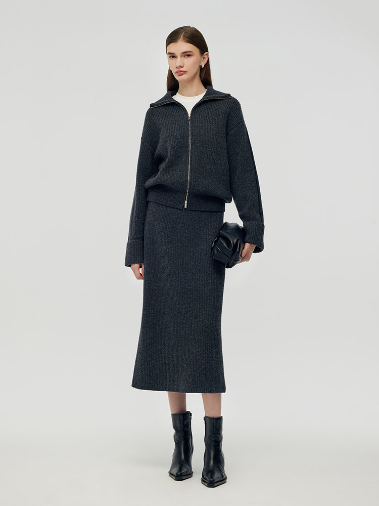 Wool Blend Cardigan And Midi Skirt Two-Piece Set GOELIA