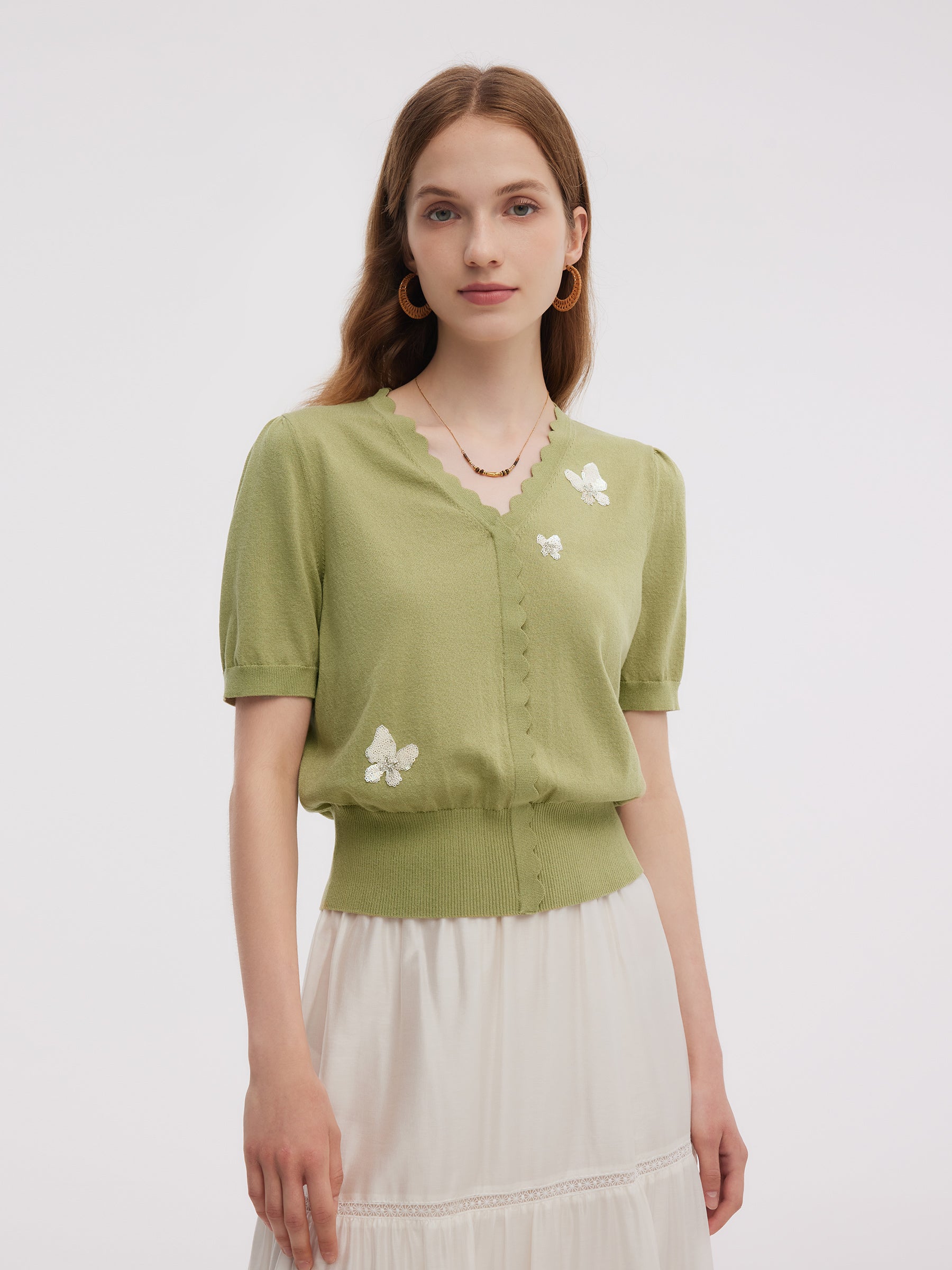 Tencel Blend Butterfly Embroidered Women Knit Top GOELIA