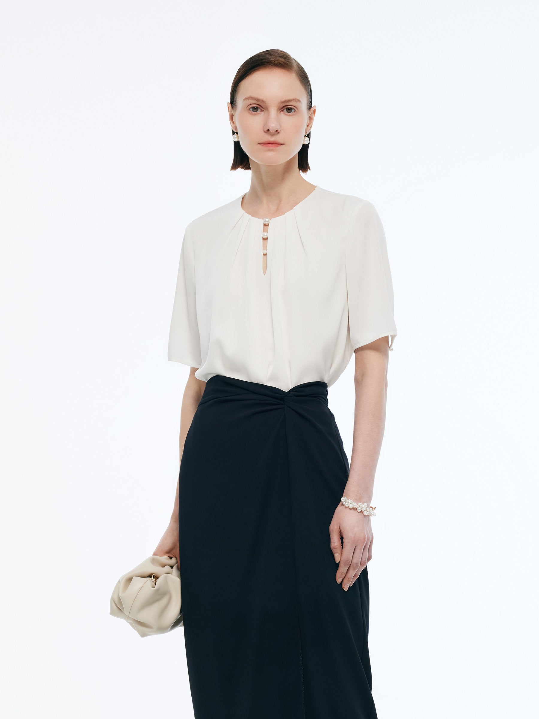 Acetate Blend Women Round Neck Blouse GOELIA