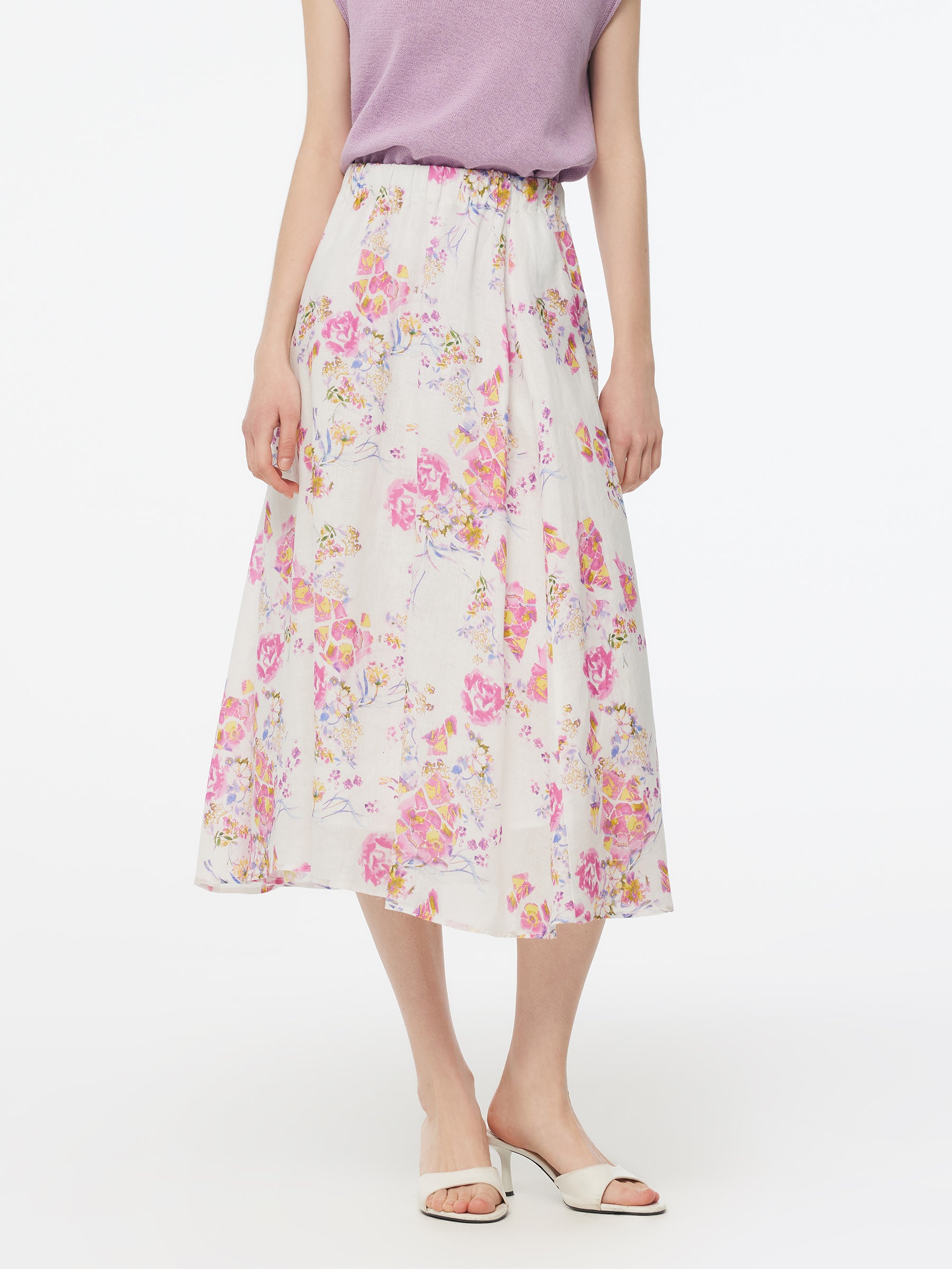 100% Linen Rose Print Women A-Line Skirt GOELIA