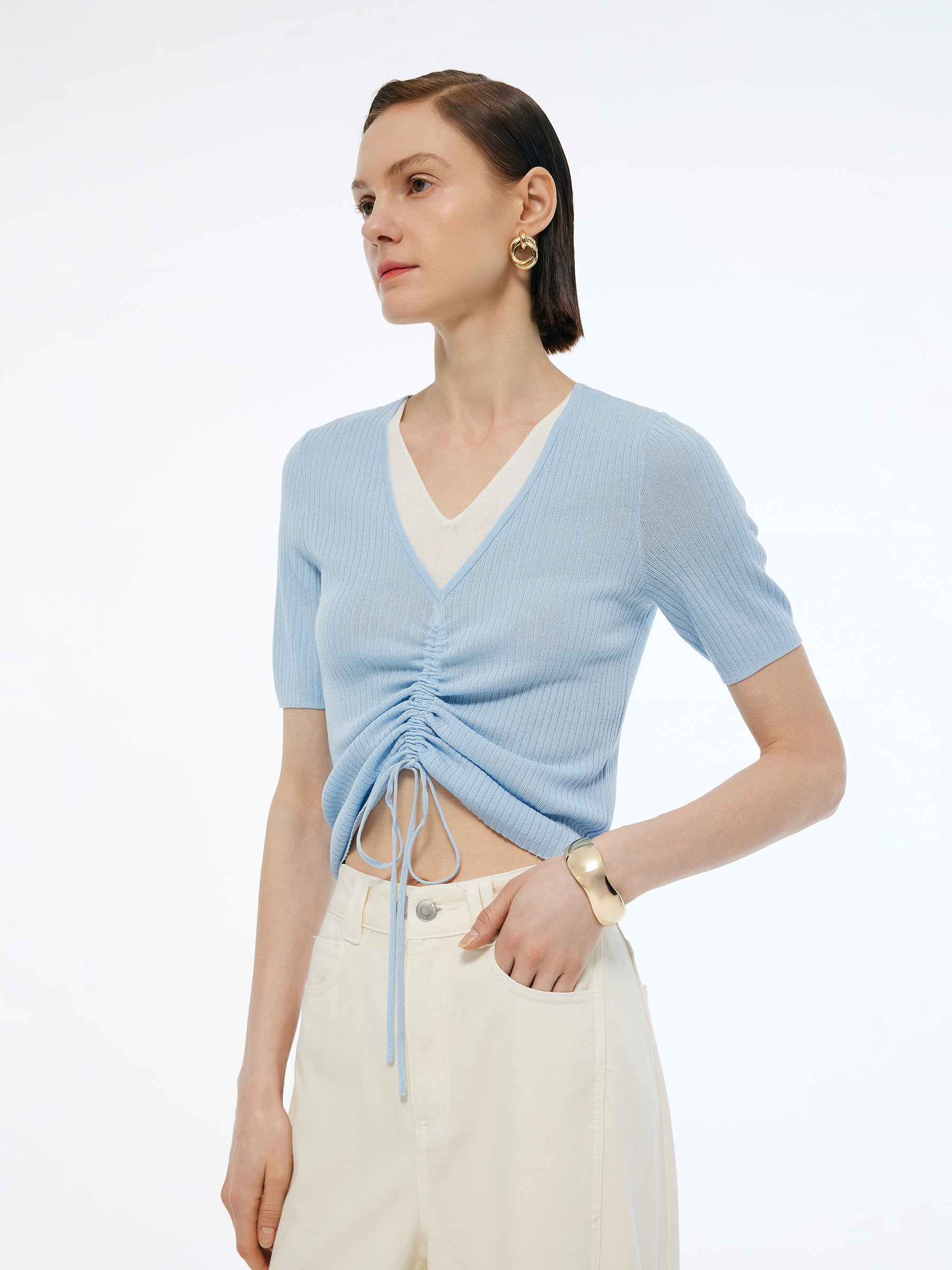 Lyocell Blend Drawstring Women Patchwork Knit Top GOELIA