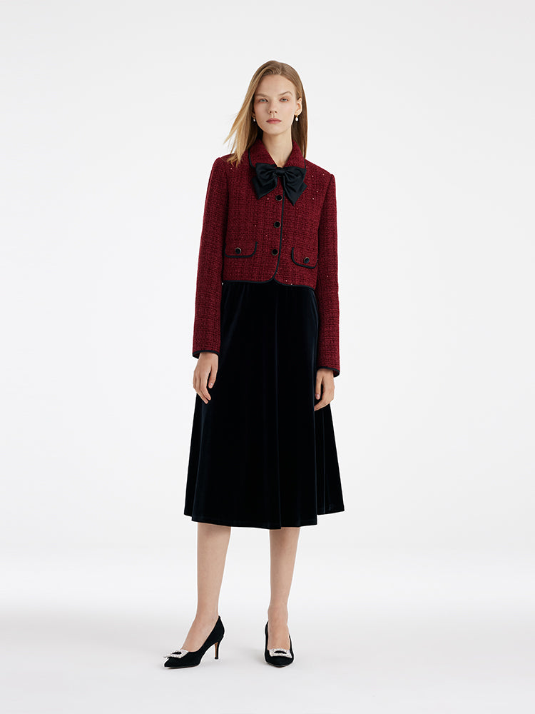 Tweed Jacket And Velvet Skirt Two-Piece Set With Detachable Bowknot GOELIA
