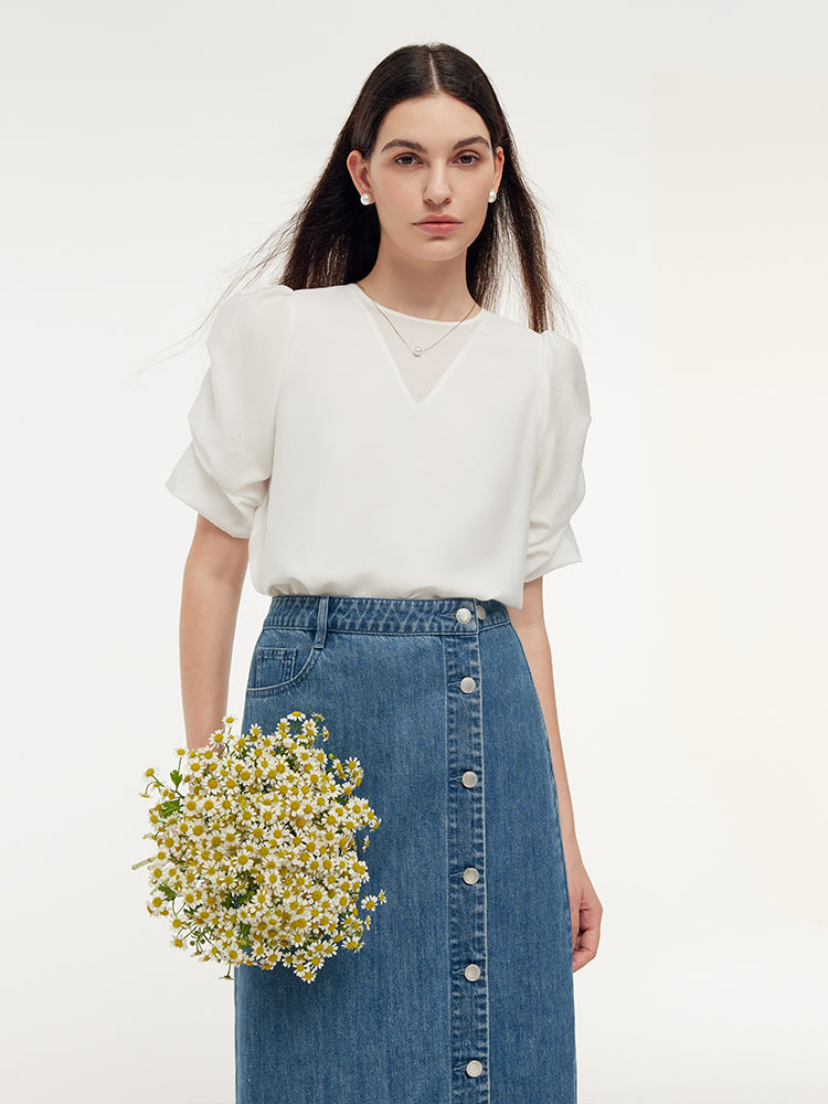 Acetate Ruched Puff Sleeve Women T-Shirt GOELIA