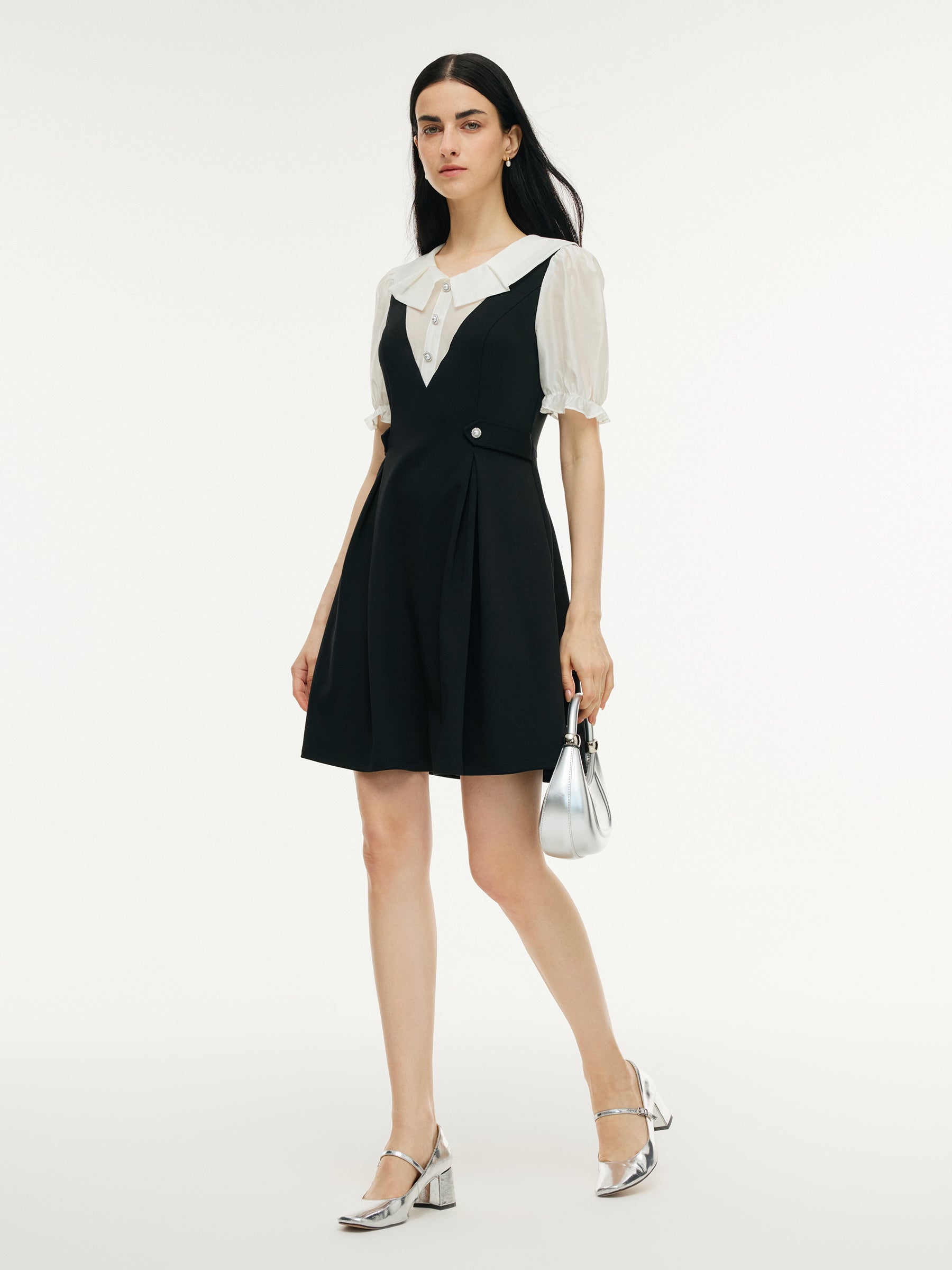 Faux Two-Piece A-Line Women Puff Sleeve Knit Mini Dress GOELIA