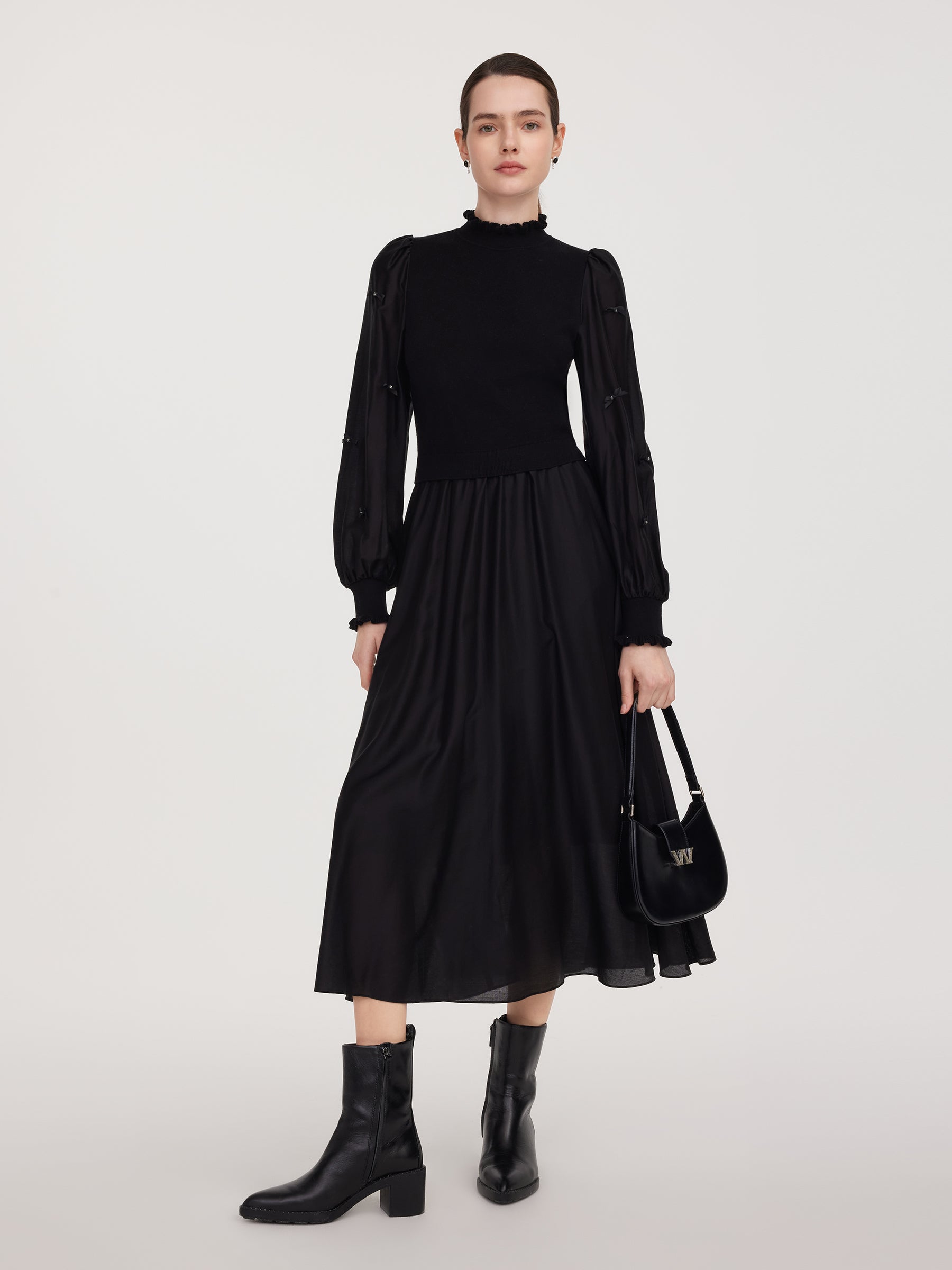 Tencel Blend Patchwork Women Maxi Dress, Black / XS