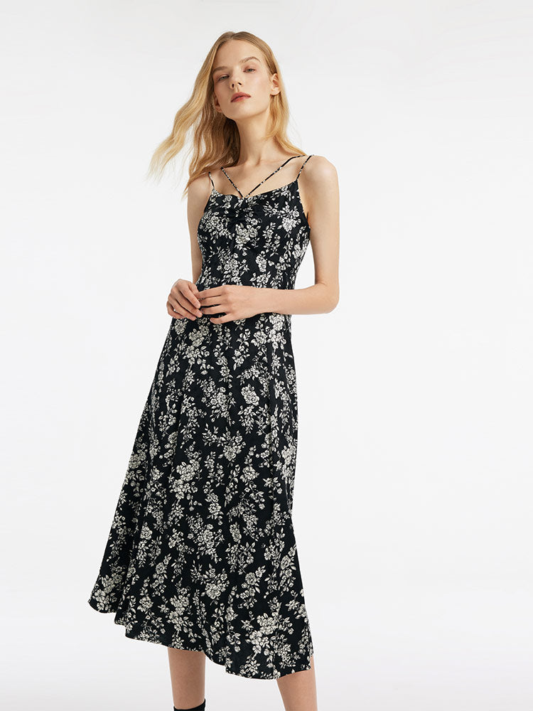 Camellia Print Spaghetti Strap Women Midi Dress GOELIA