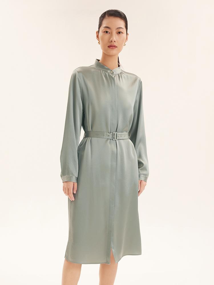 Triacetate Long-Sleeve Slim Midi Collared Dress GOELIA