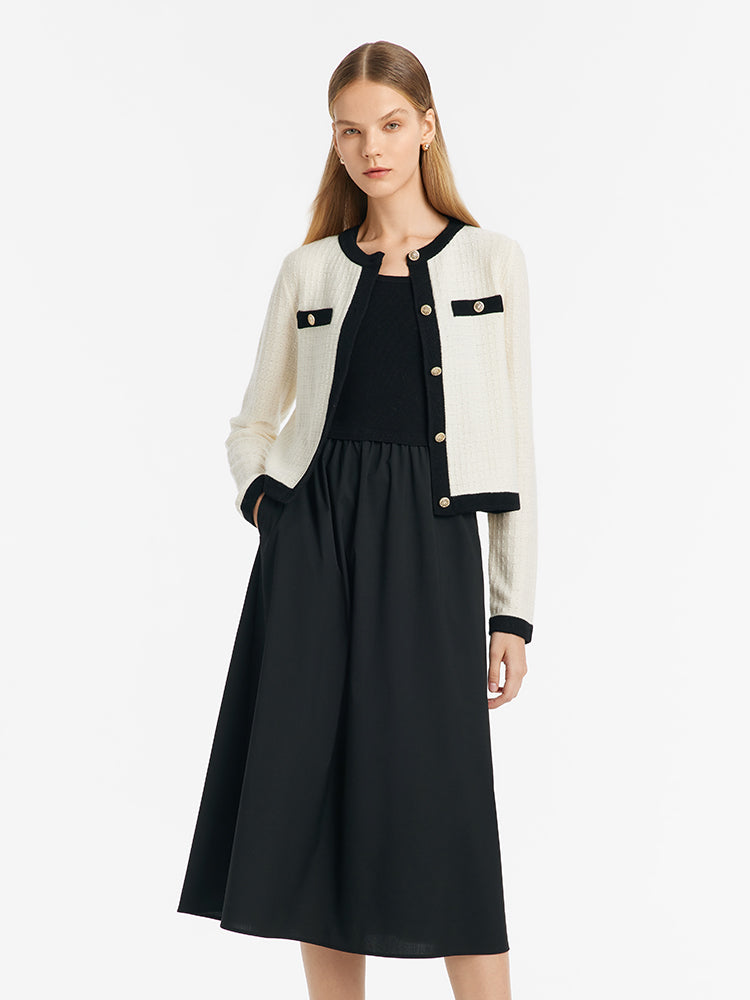 Contrast Trim Cardigan And Vest Dress Two-Piece Set GOELIA