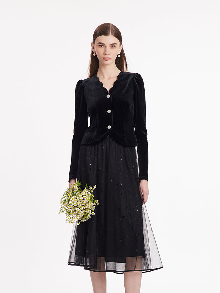 Wave Cut V-Neck Velvet Top And Tulle Skirt Two-Piece Set GOELIA