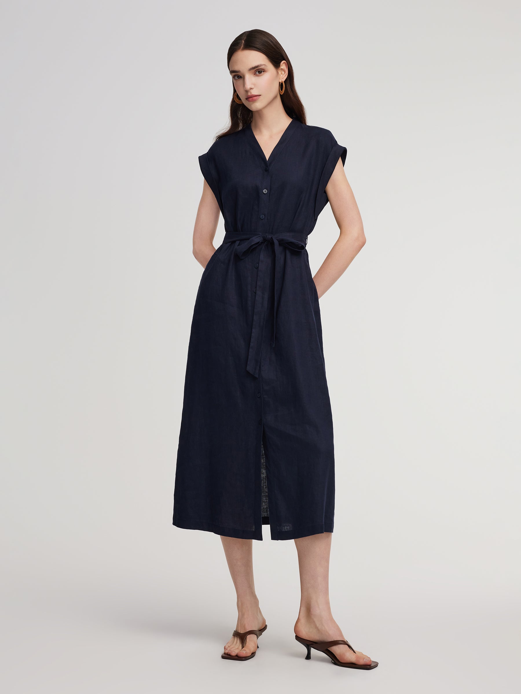 100% Linen V-Neck Women Self-Tie Belt Maxi Dress With Skirt Lining GOELIA