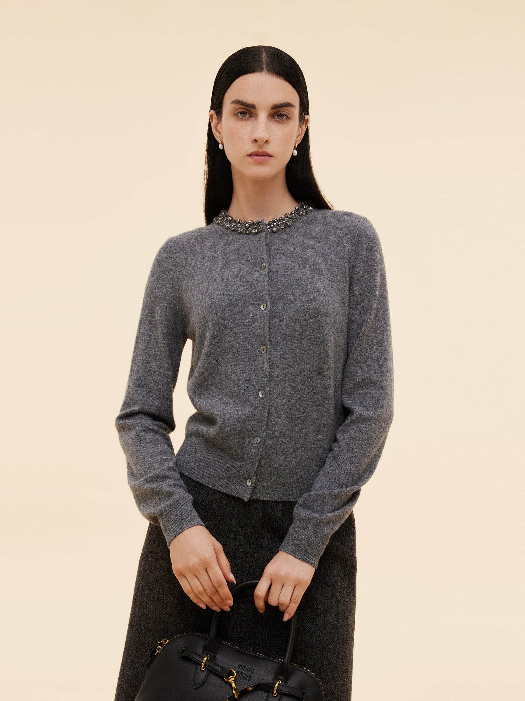 100% Wool Beaded Round Neck Women Cardigan GOELIA