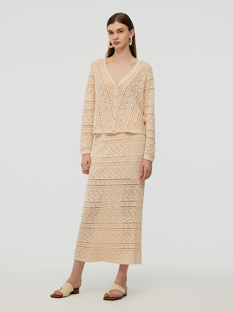 100% Cotton Openwork Cardigan And Skirt Two-Piece Set GOELIA
